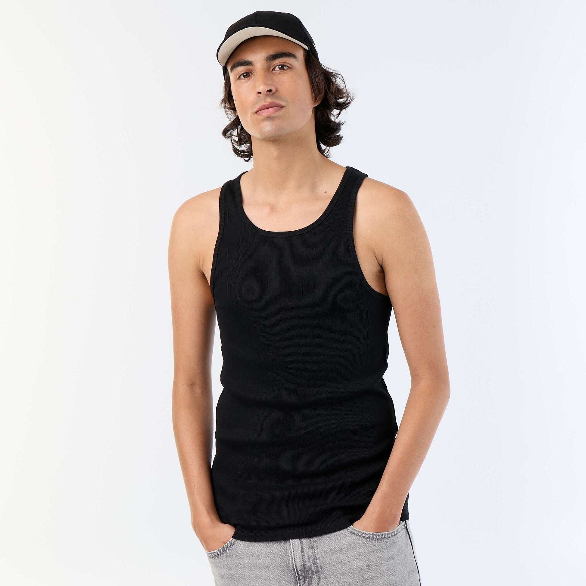 Plain vest top in ribbed knit fabric BLACK