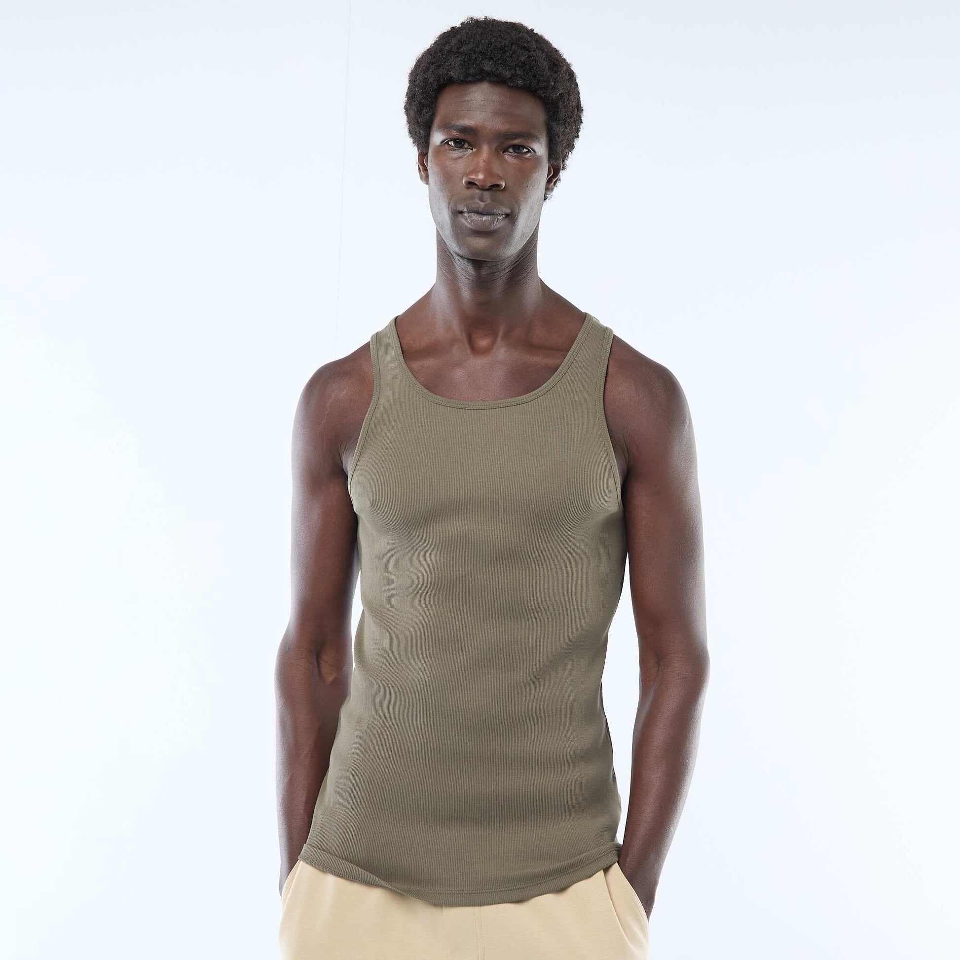 Plain Ribbed Knit Tank Top KHAKI