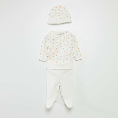 Body + bottoms with feet + beanie set WHITE