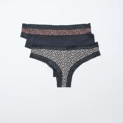 Pack of 3 printed microfibre tanga briefs BLACK