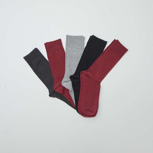 Pack of 5 pairs of ribbed socks burgundy
