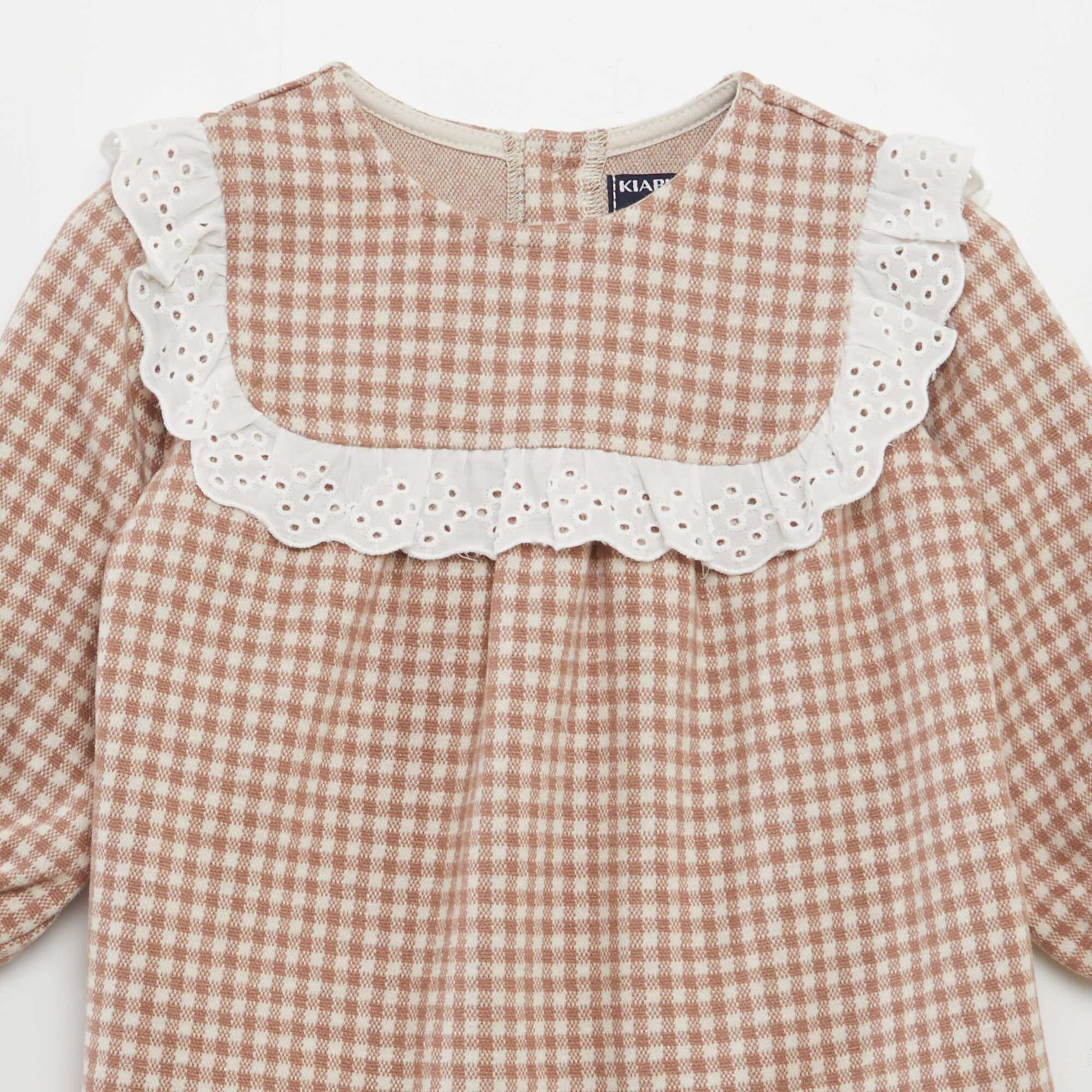 Embroidered checked dress BEIGE