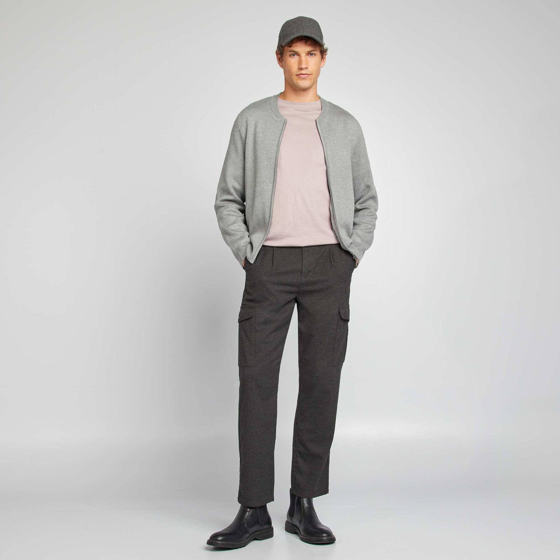 Chunky knit zip-up cardigan GREY