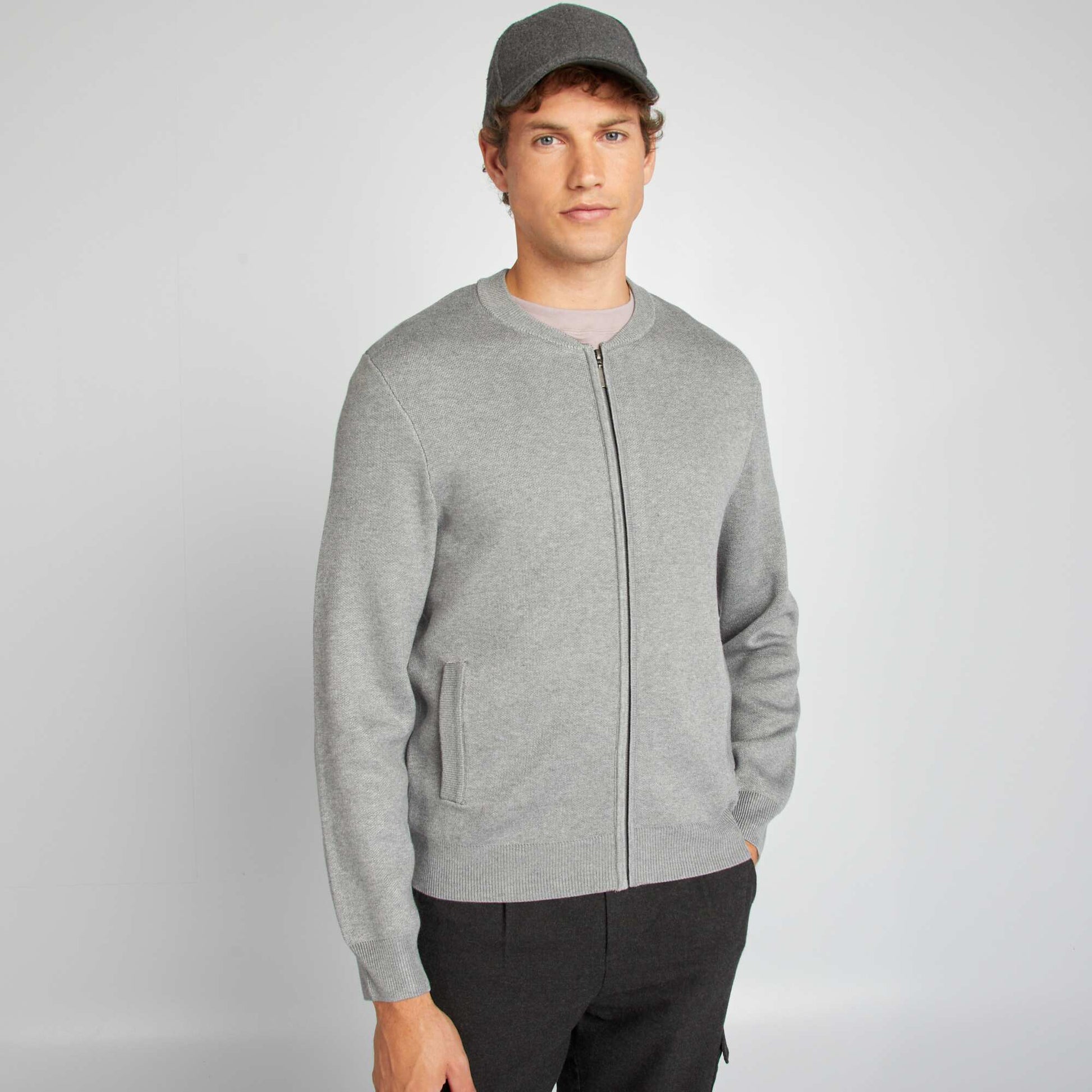 Chunky knit zip-up cardigan GREY