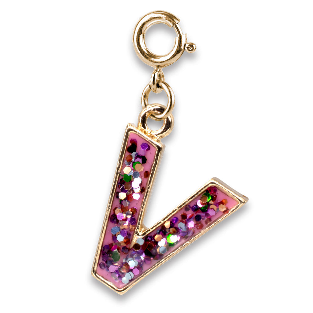 Gold Glitter Initials - V Charm