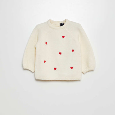 Plush knit sweater with embroidery WHITE
