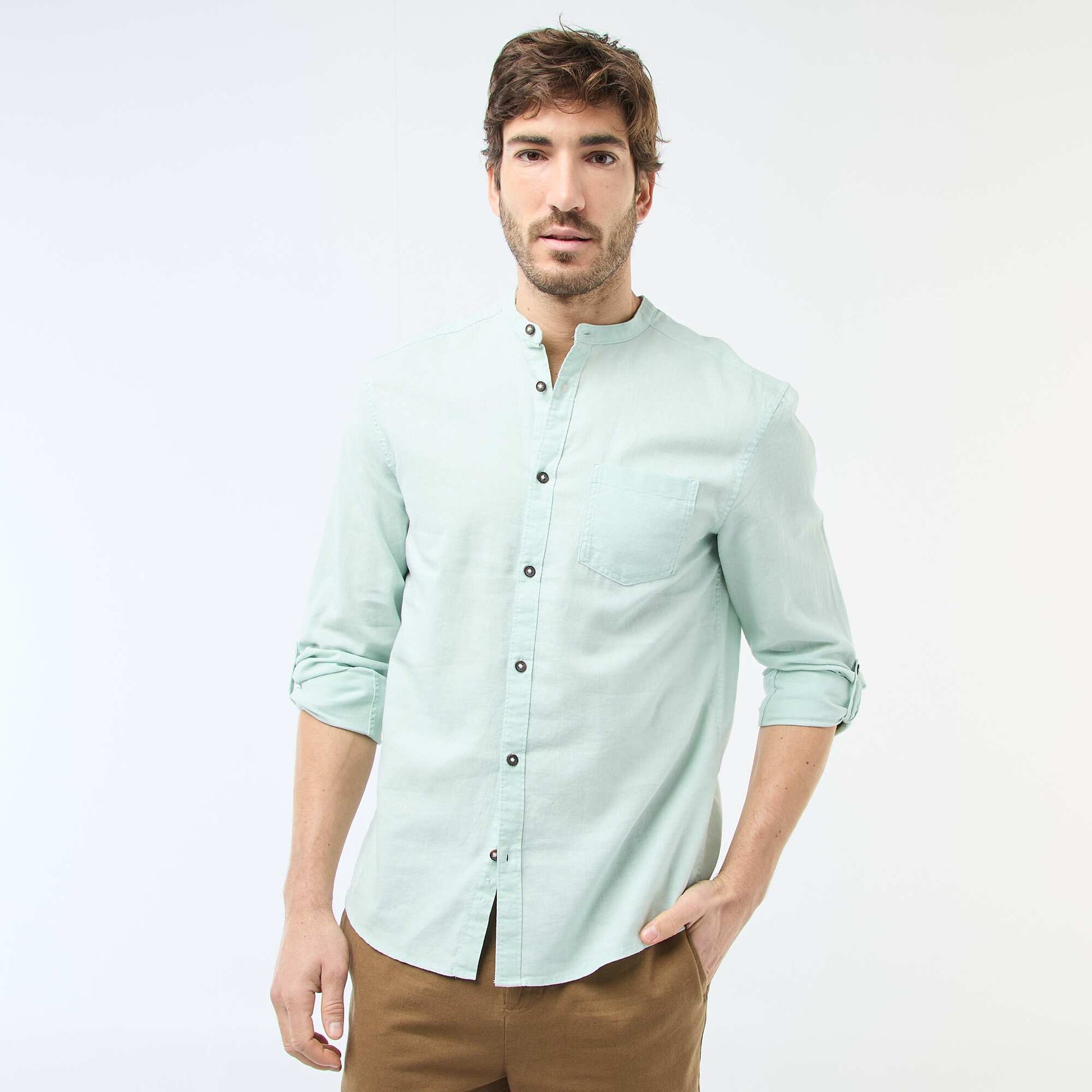 Mandarin collar shirt with linen GREEN
