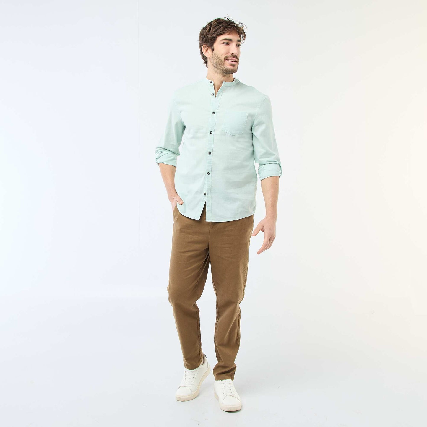Mandarin collar shirt with linen GREEN