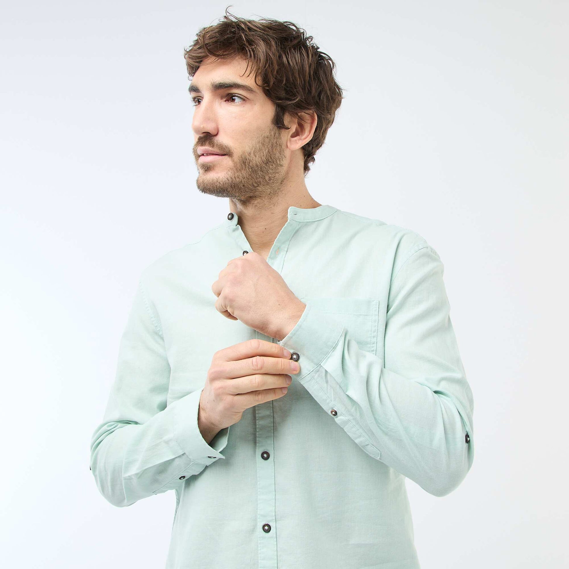 Mandarin collar shirt with linen GREEN