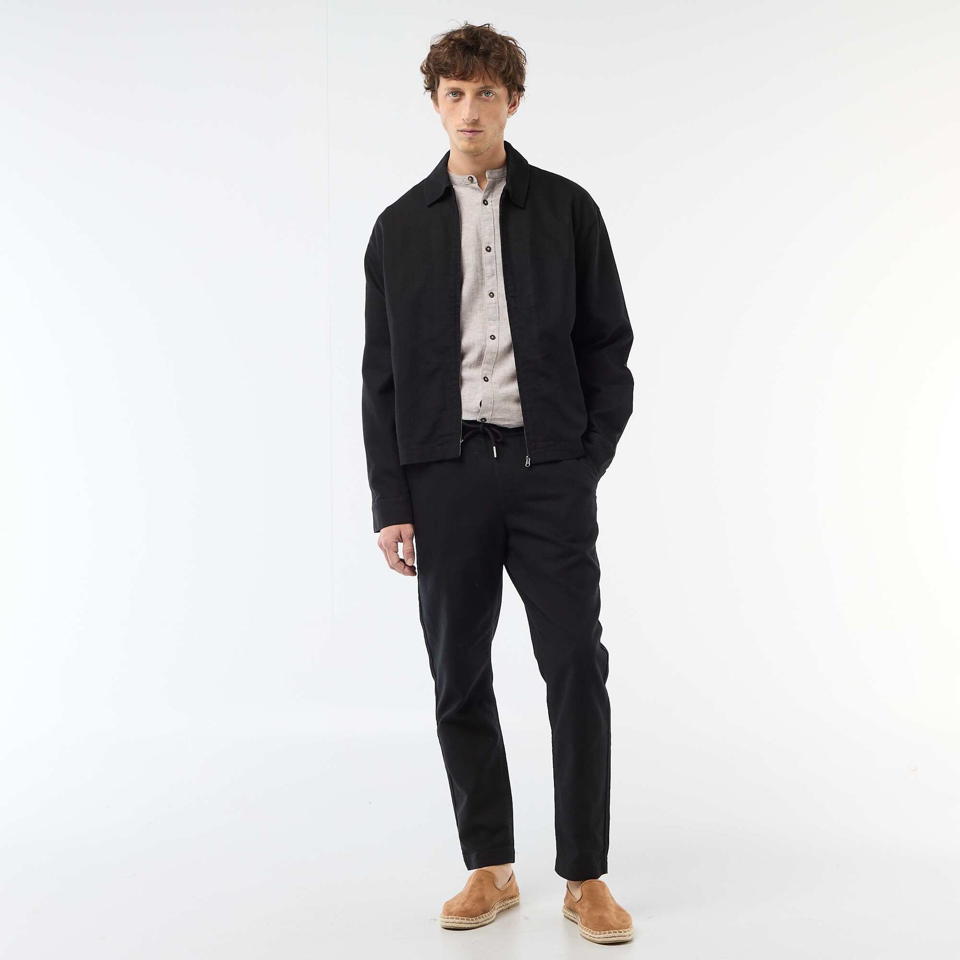 Mandarin collar shirt with linen BEIGE