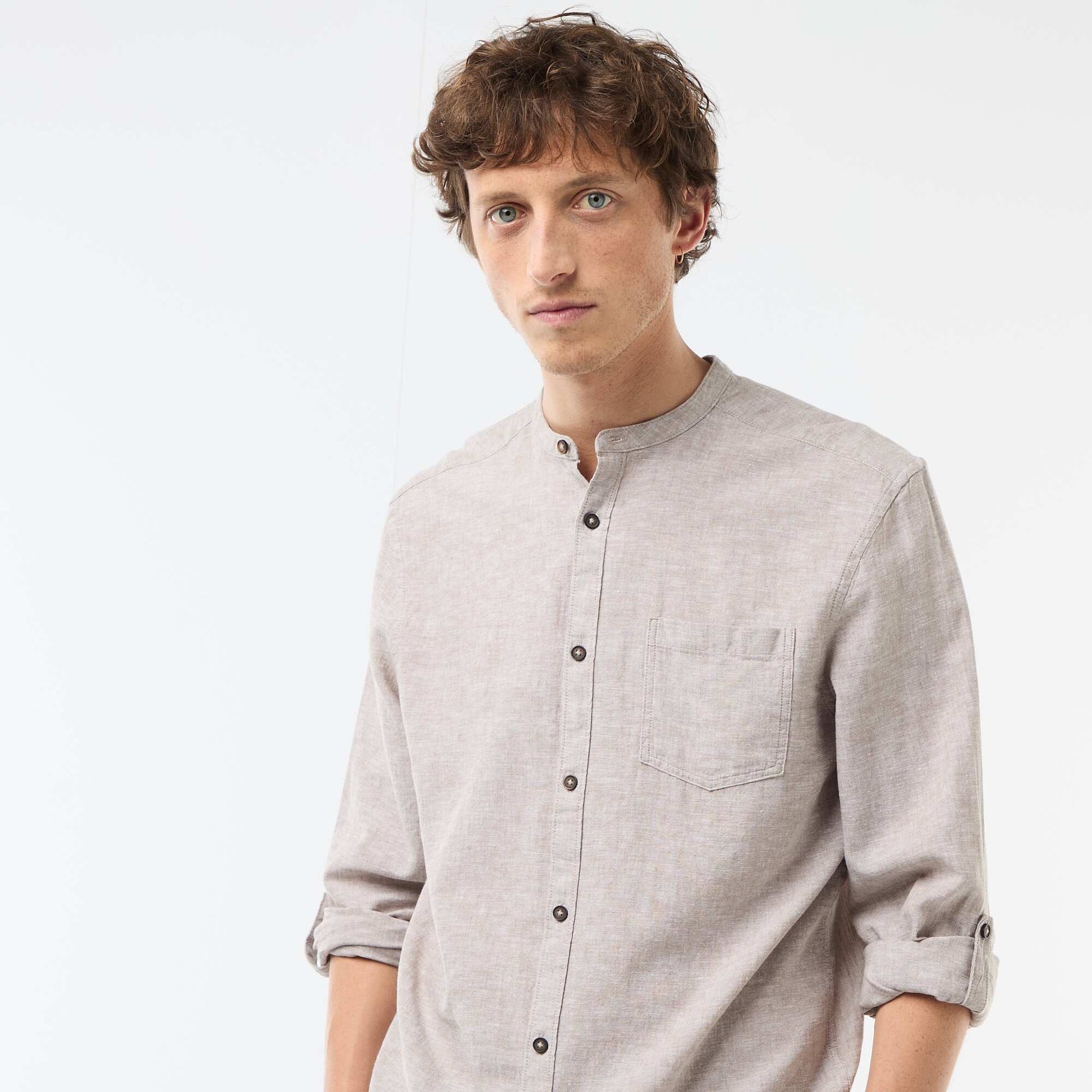 Mandarin collar shirt with linen BEIGE