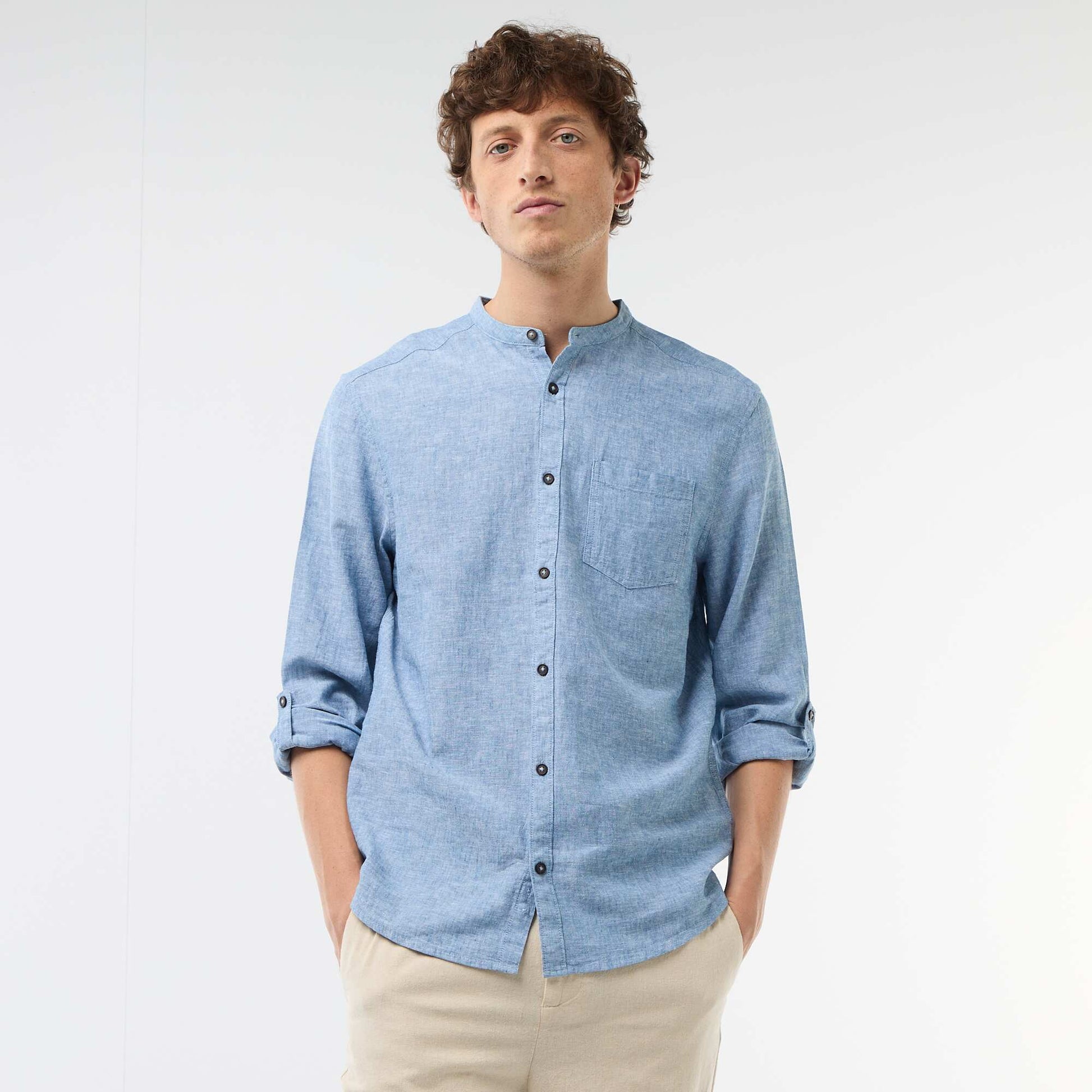 Mandarin collar shirt with linen BLUE