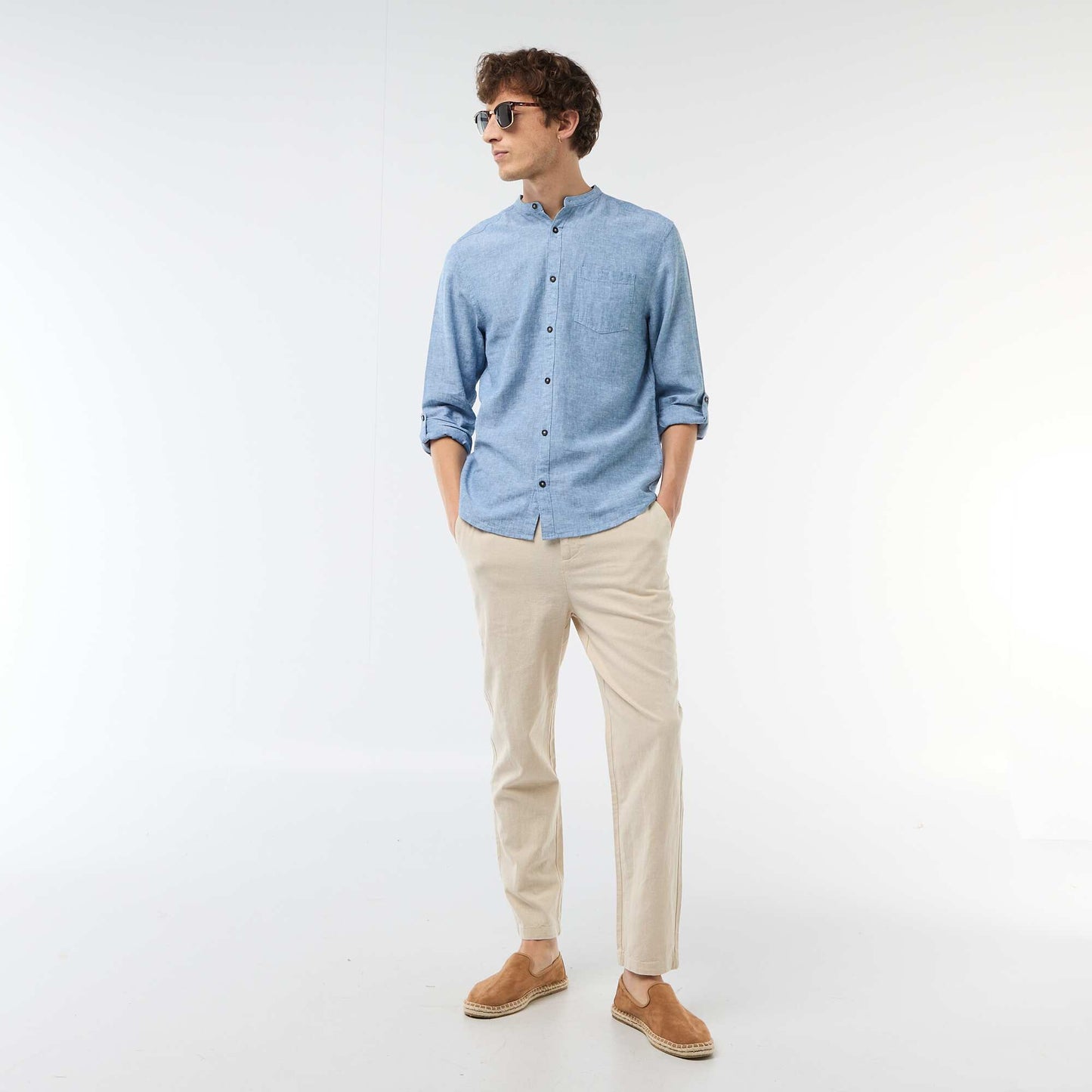 Mandarin collar shirt with linen BLUE