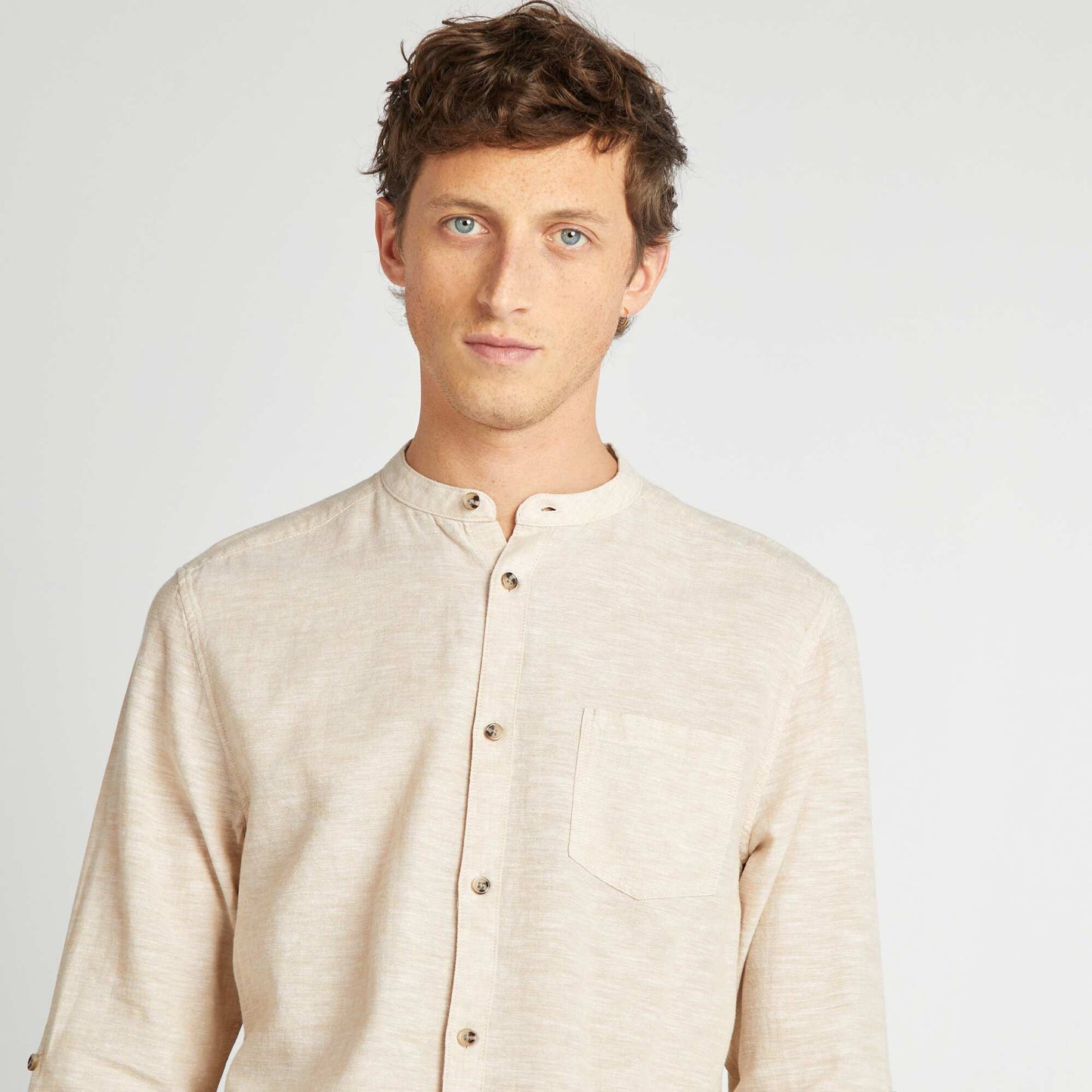 Mandarin collar shirt with linen BEIGE