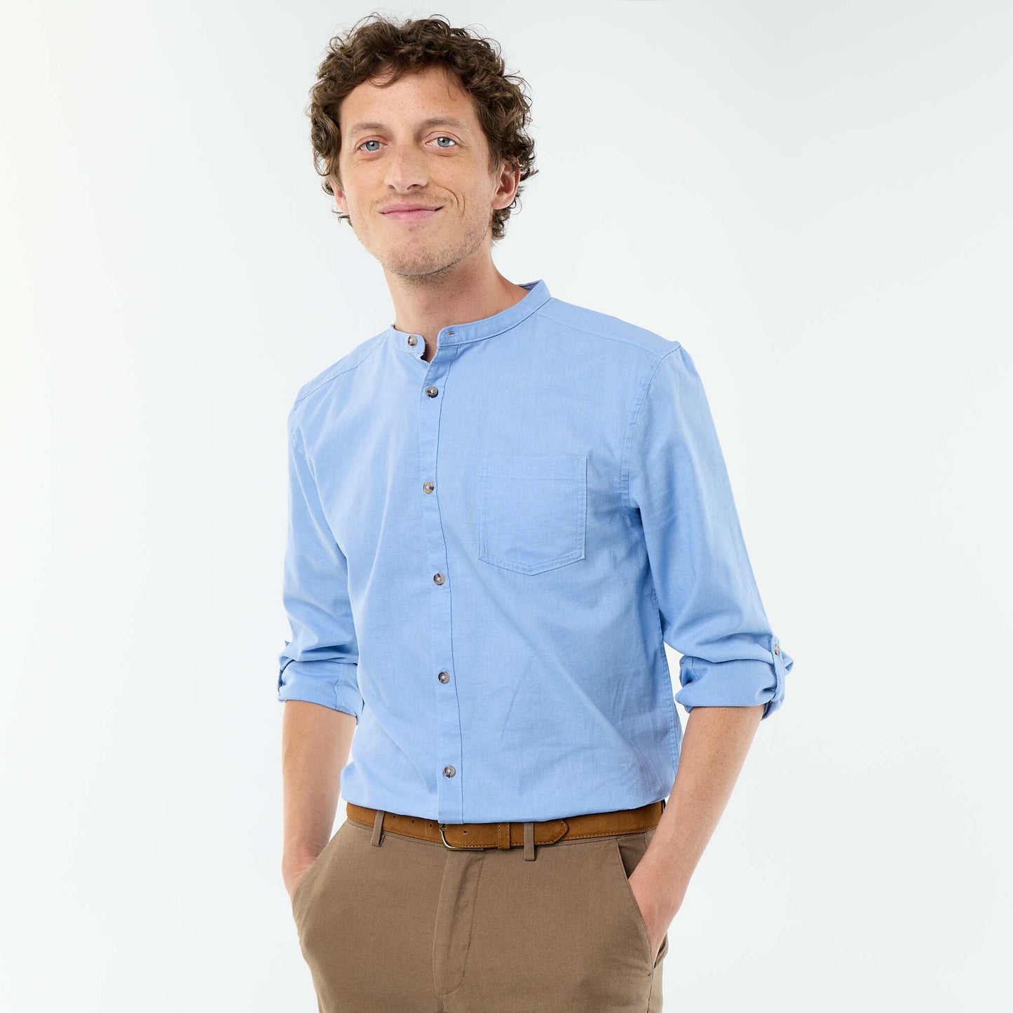 Mandarin collar shirt with linen BLUE