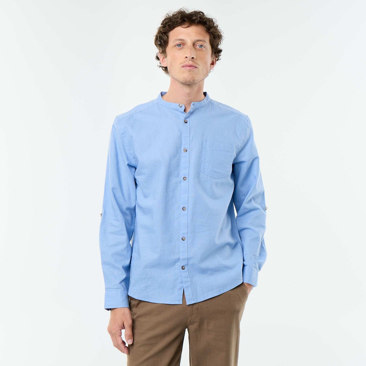 Mandarin collar shirt with linen BLUE