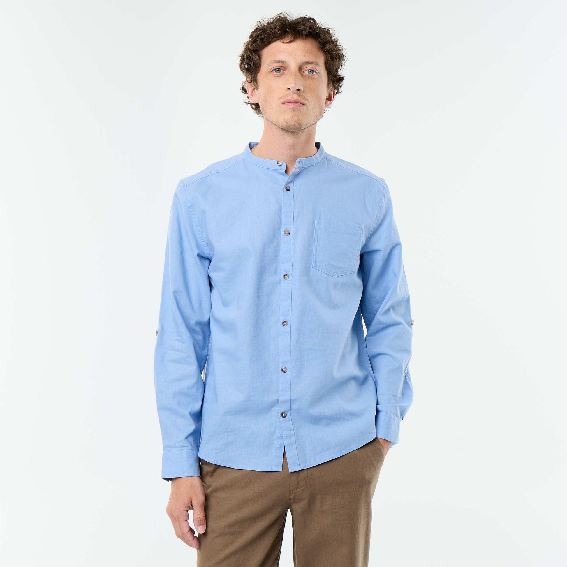 Mandarin collar shirt with linen BLUE