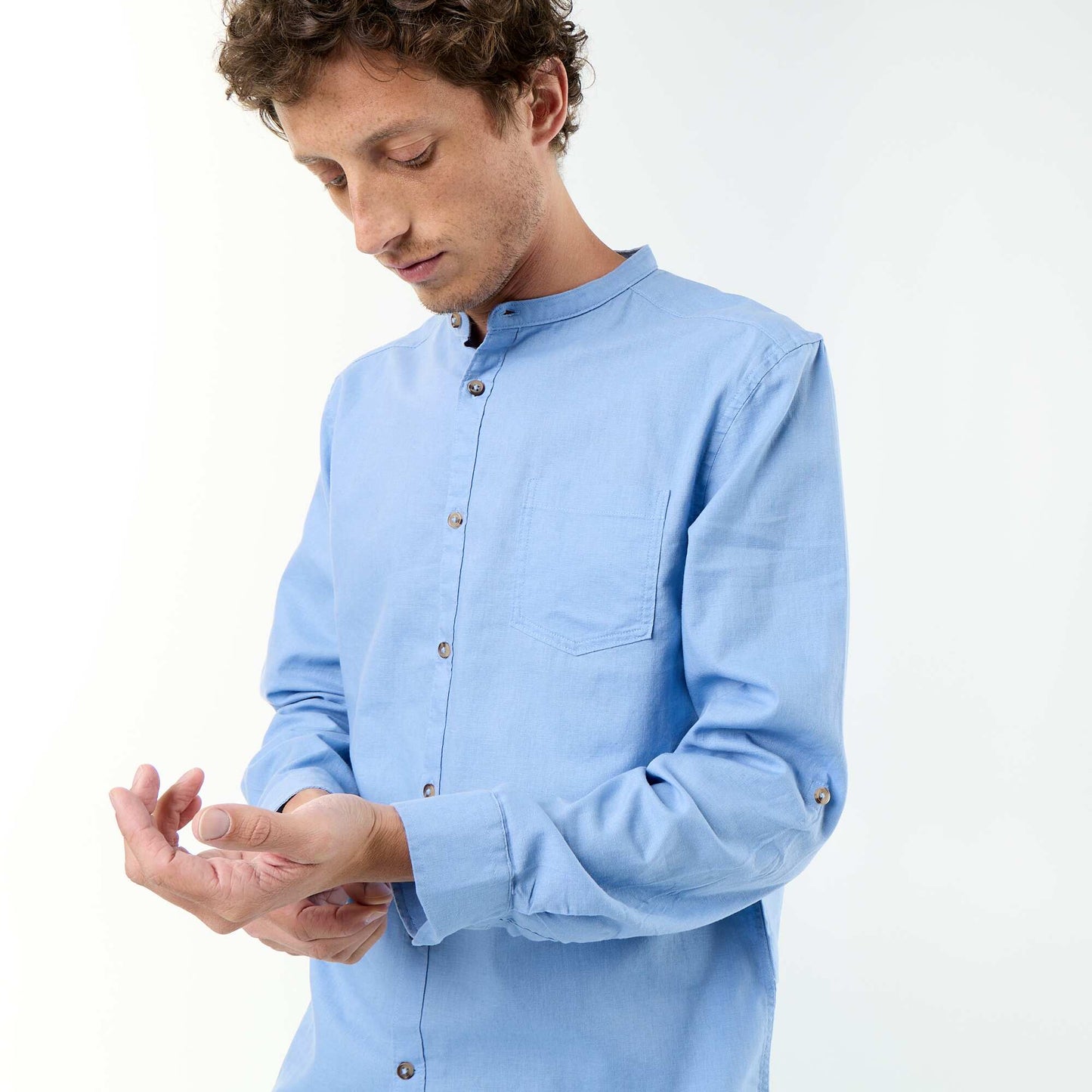 Mandarin collar shirt with linen BLUE
