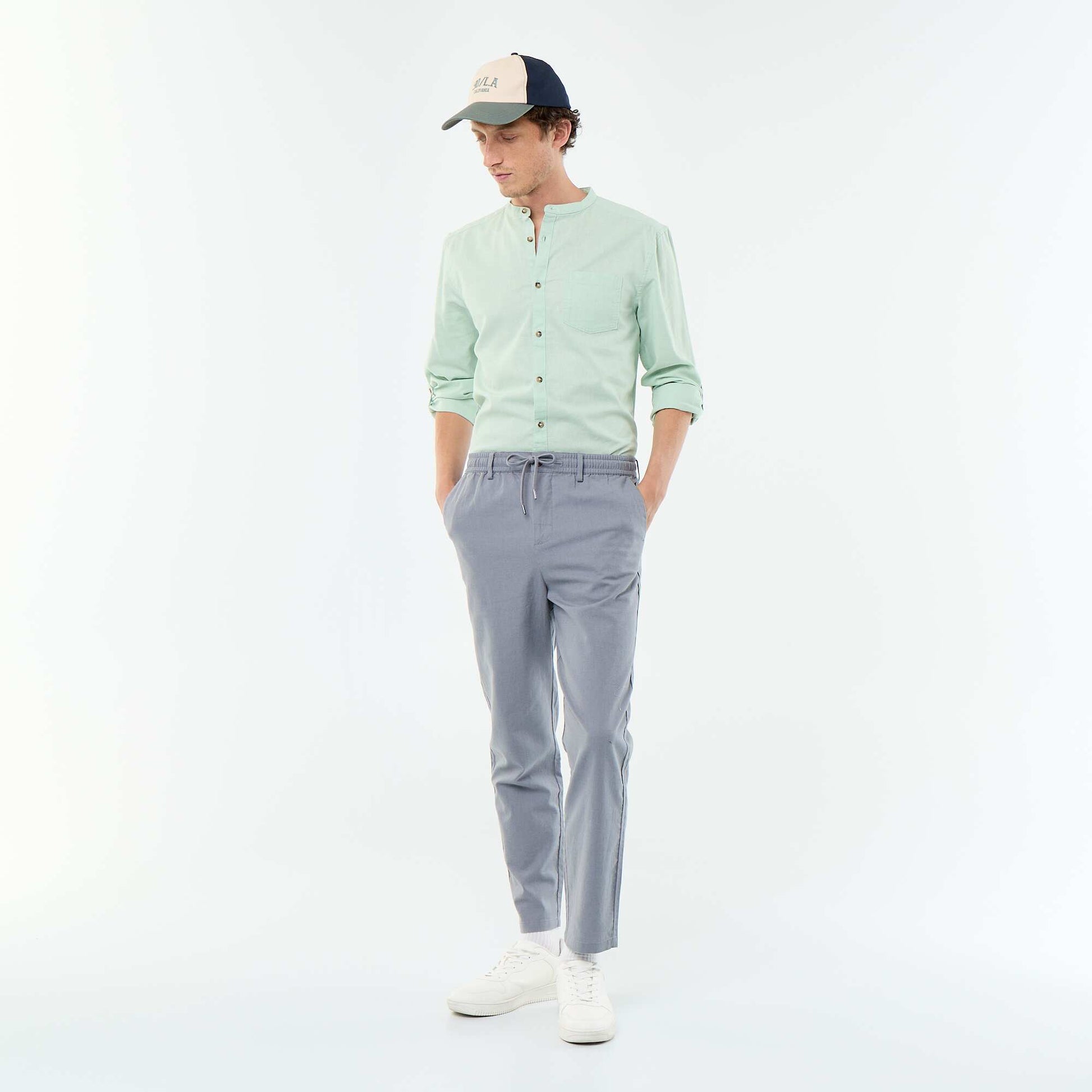 Mandarin collar shirt with linen GREEN