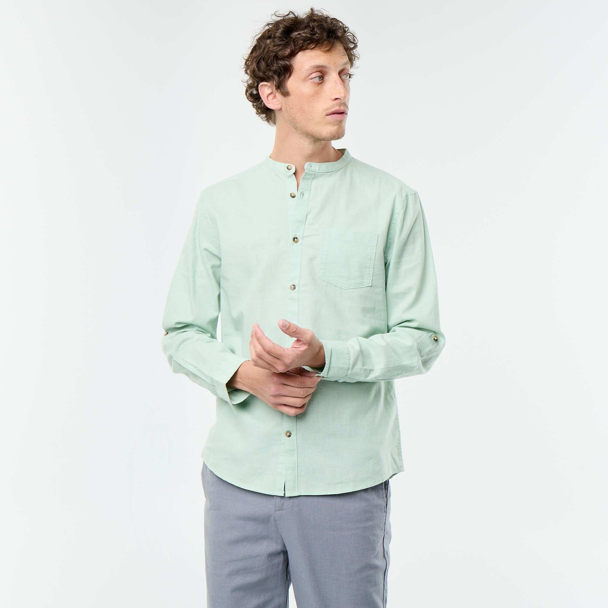 Mandarin collar shirt with linen GREEN