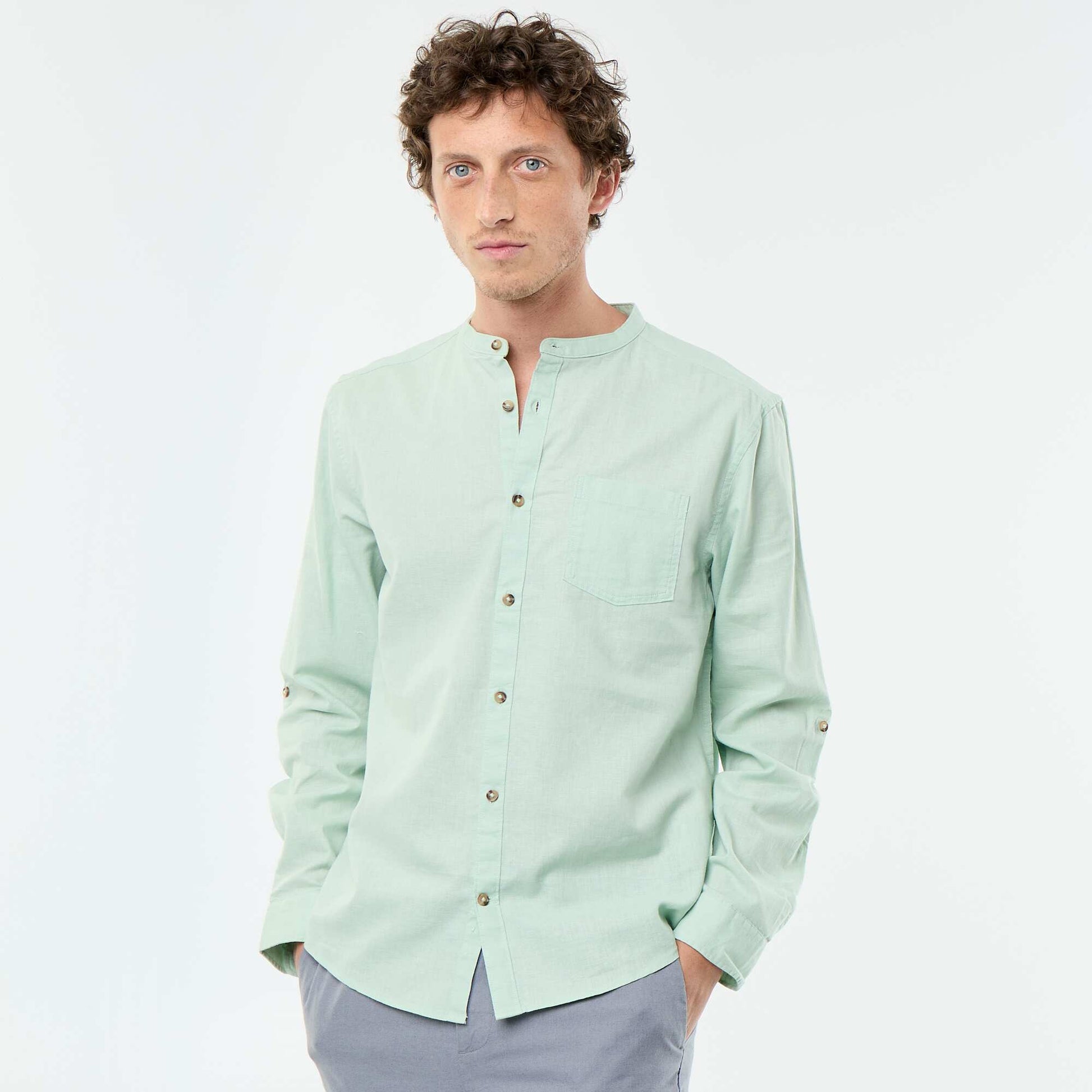 Mandarin collar shirt with linen GREEN