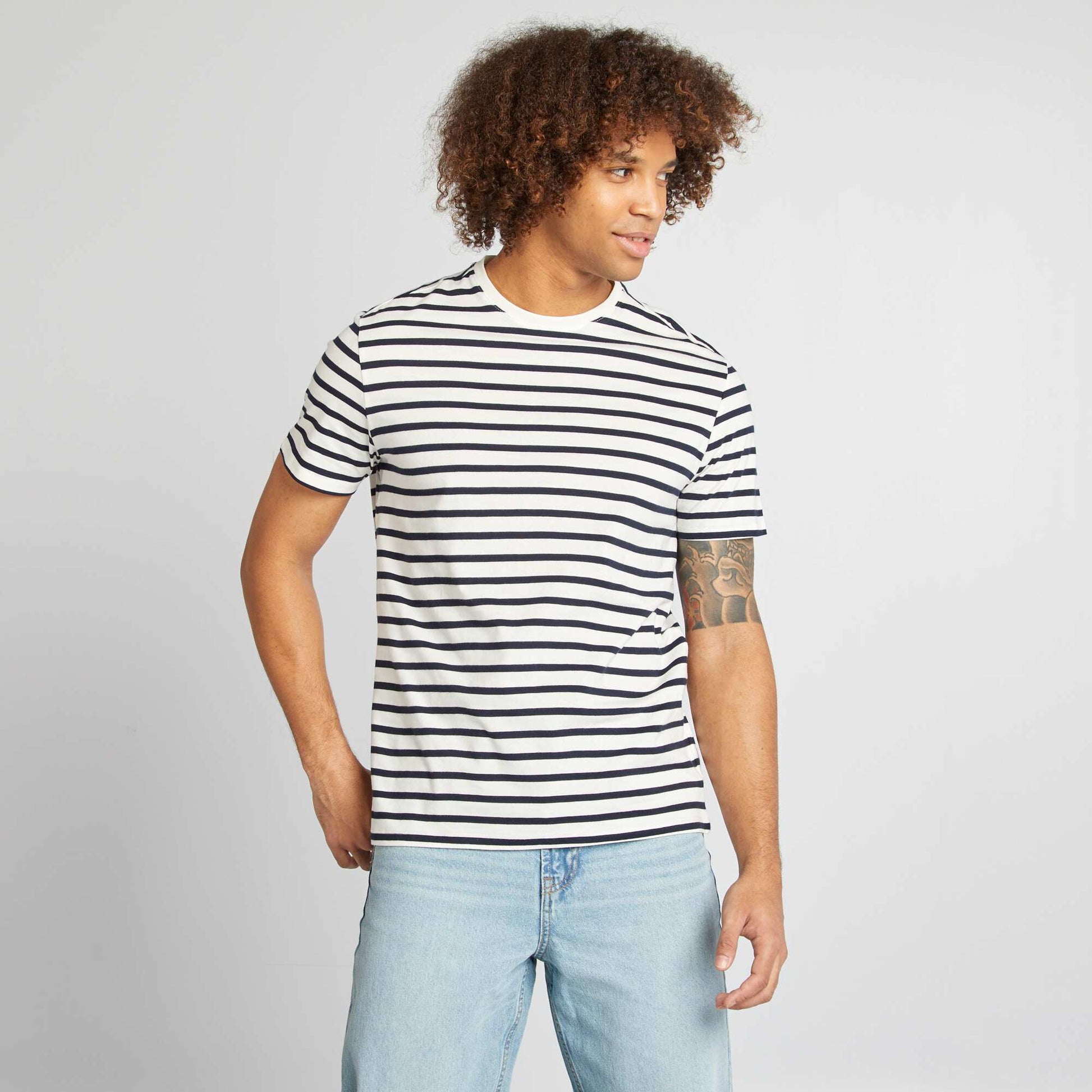 Shop Short-Sleeved Striped T-Shirt With Round Neck White for Men