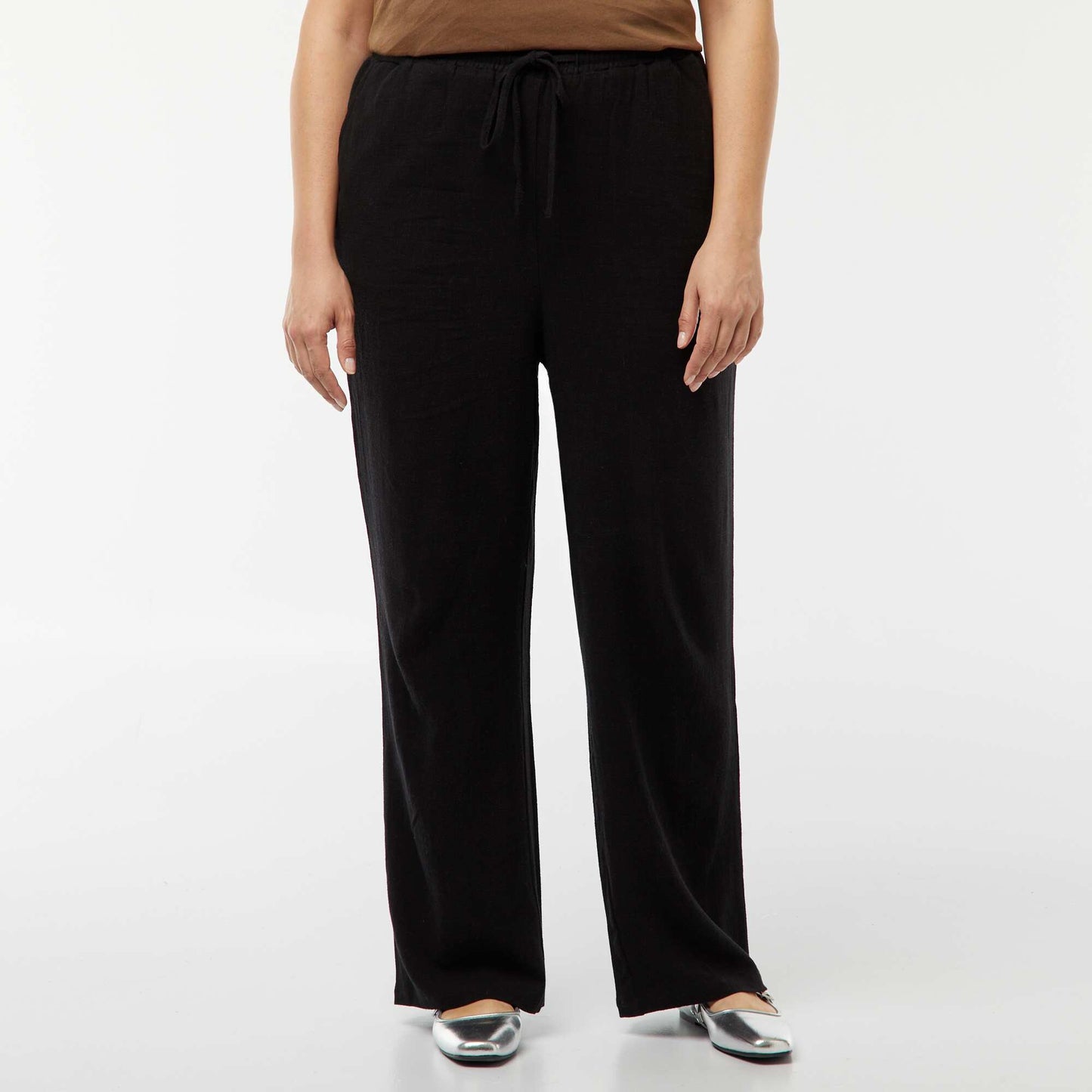 Straight-leg trousers with elasticated waist + ties BLACK