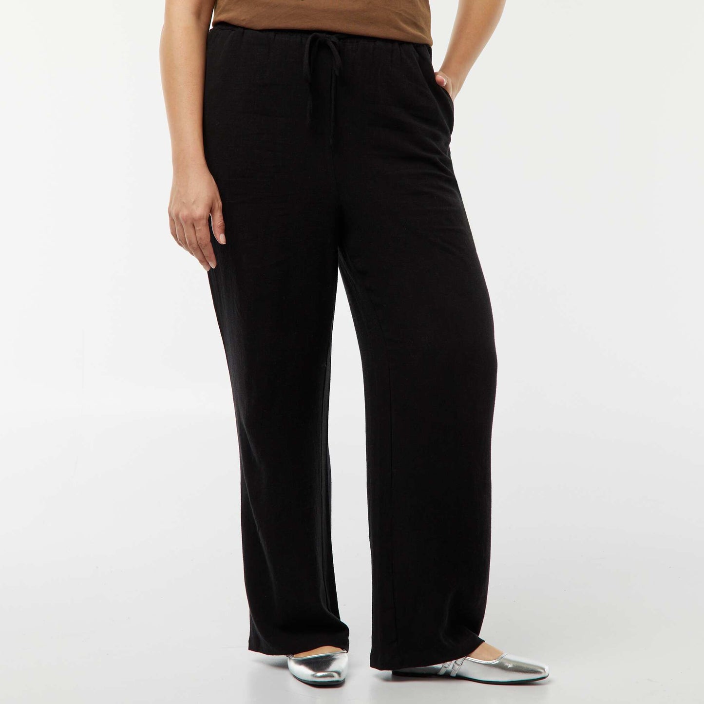 Straight-leg trousers with elasticated waist + ties BLACK