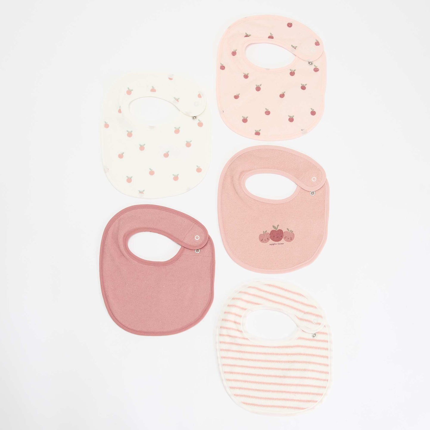 Set of 5 bibs with fun prints and snap closures PINK