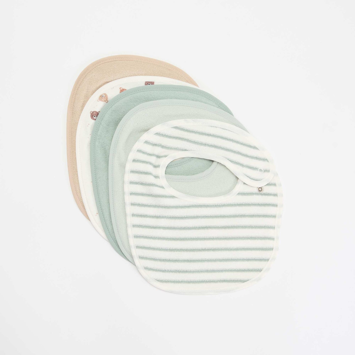 Set of 5 bibs with fun prints and snap closures BROWN