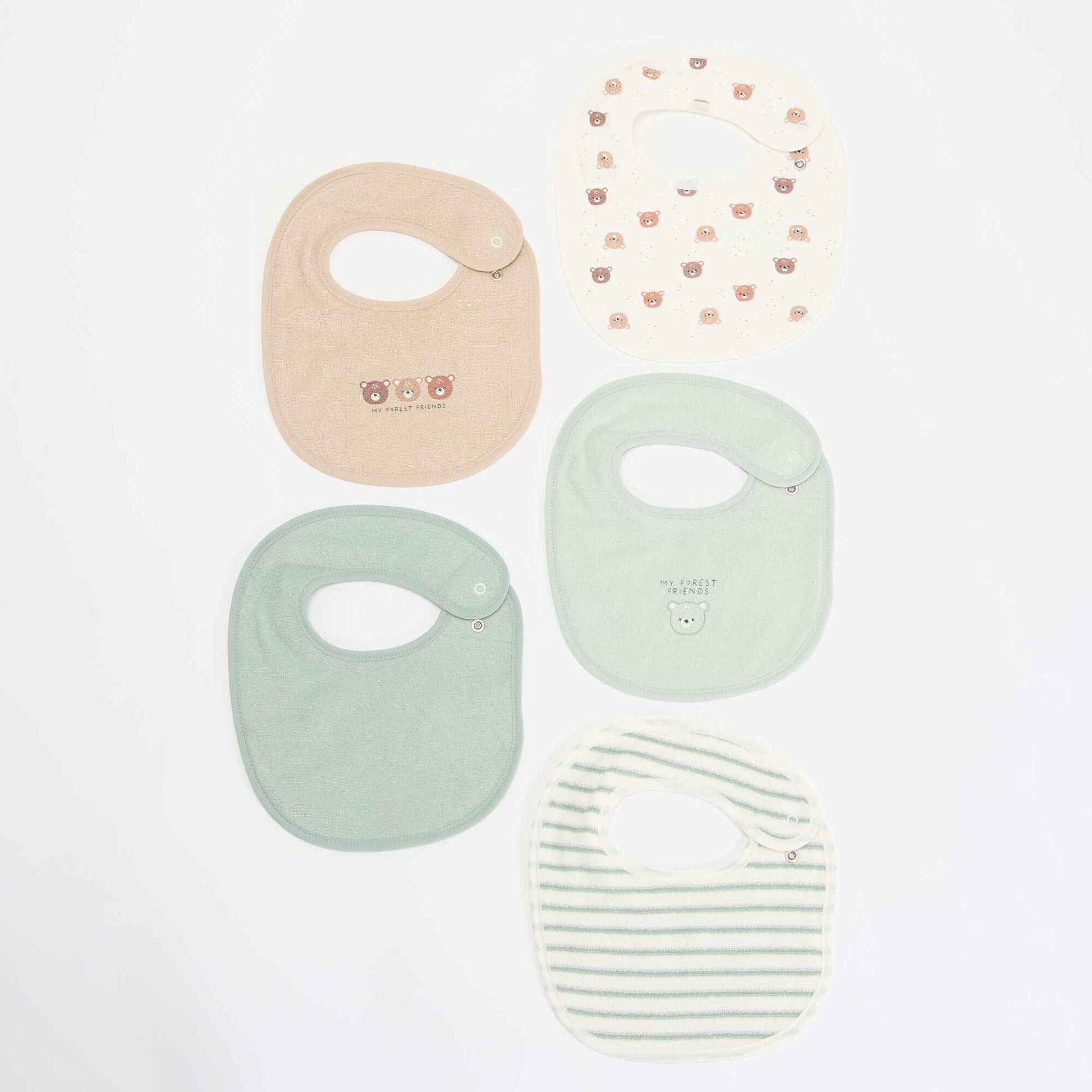 Set of 5 bibs with fun prints and snap closures BROWN