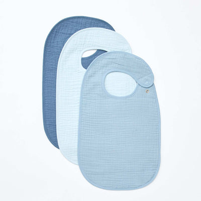 Set of 3 cotton gauze bibs with terry lining BLUE