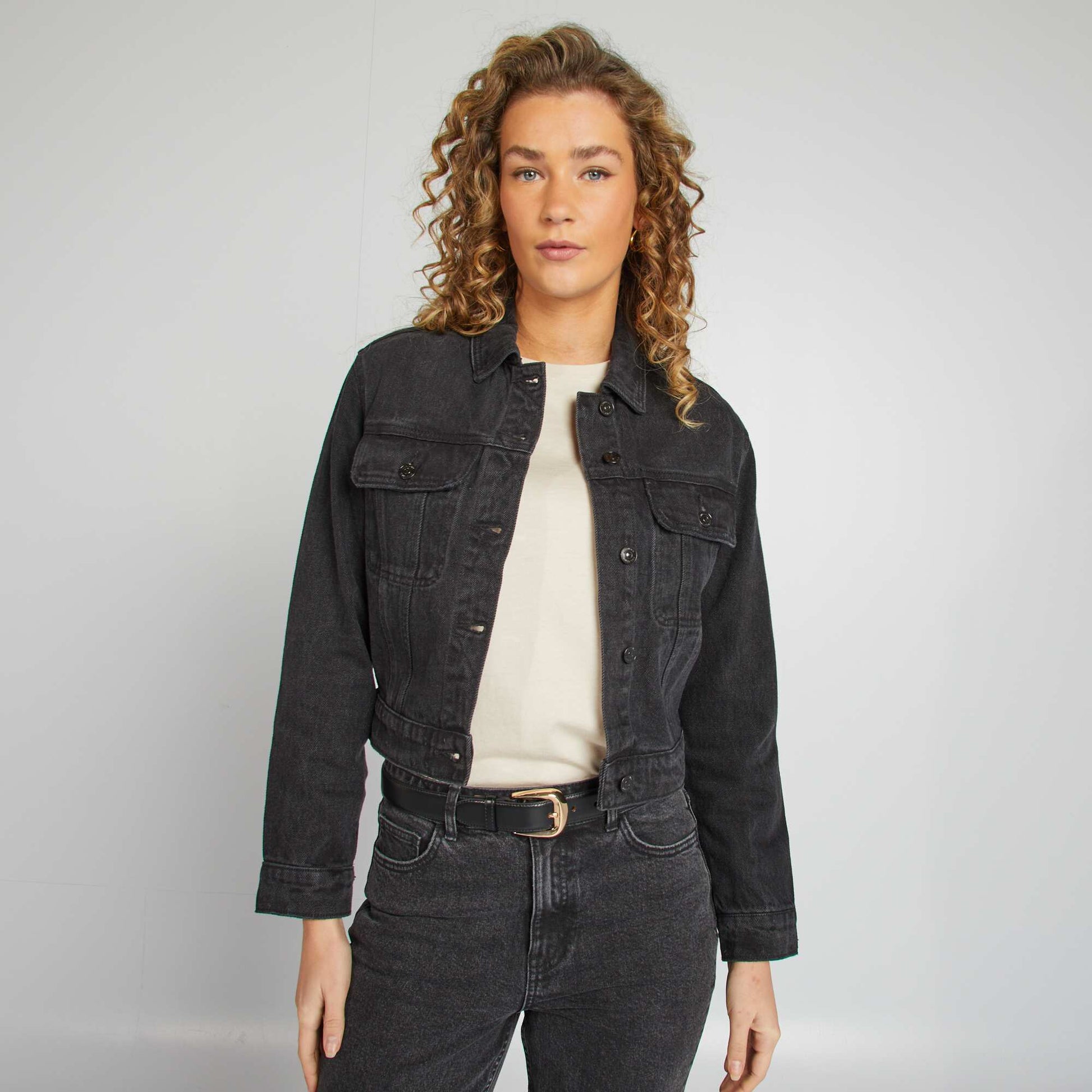 Shop Long-Sleeved Denim Jacket With Flap Breast Pockets Grey for