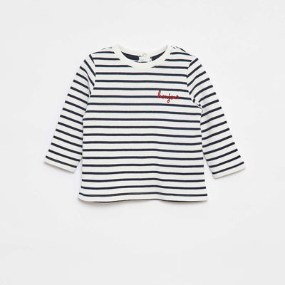 Long-sleeved T-shirt with 'bonjour' embroidered on the chest WHITE