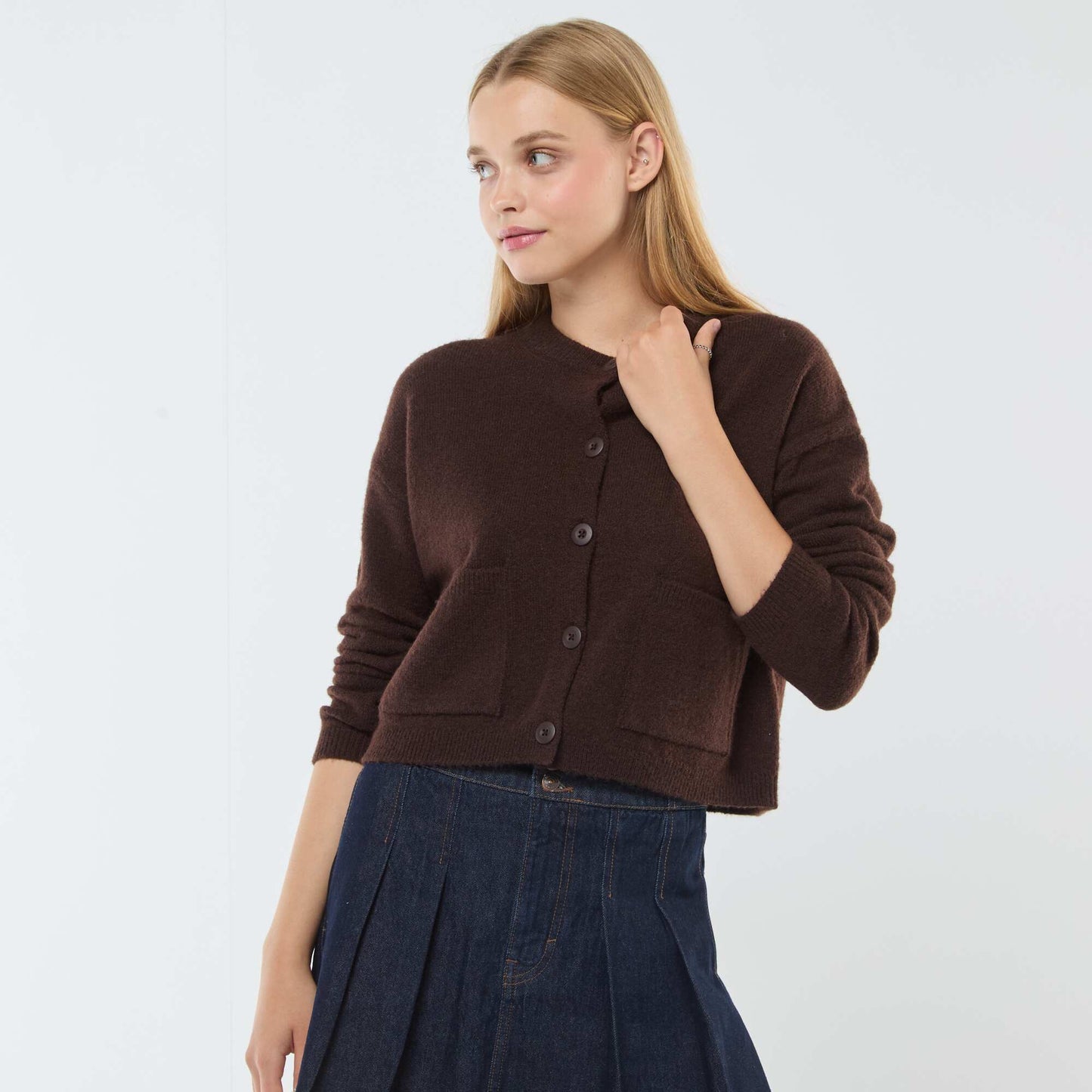Cropped Knit Cardigan BROWN