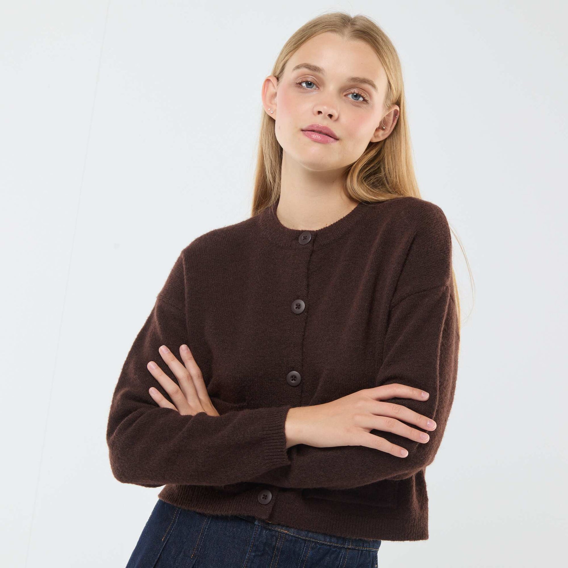 Cropped Knit Cardigan BROWN