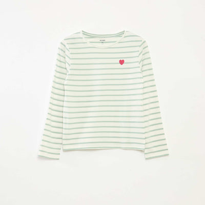 Striped long-sleeved T-shirt with round neck GREEN