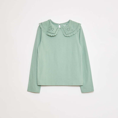 Cotton T-shirt with Embroidered Collar GREEN