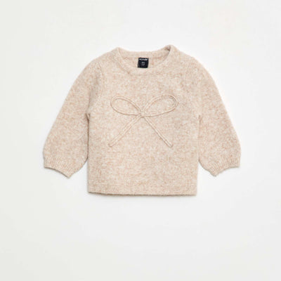 Knitted Jumper with Decorative Front Bow BEIGE