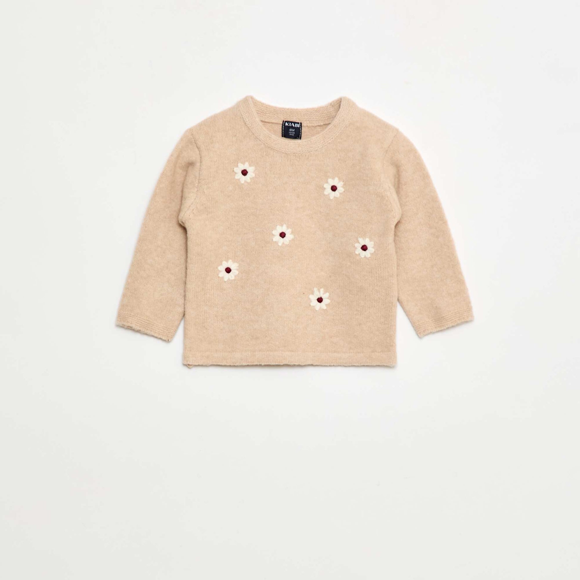 Round Neck Sweater with Embroidery BEIGE