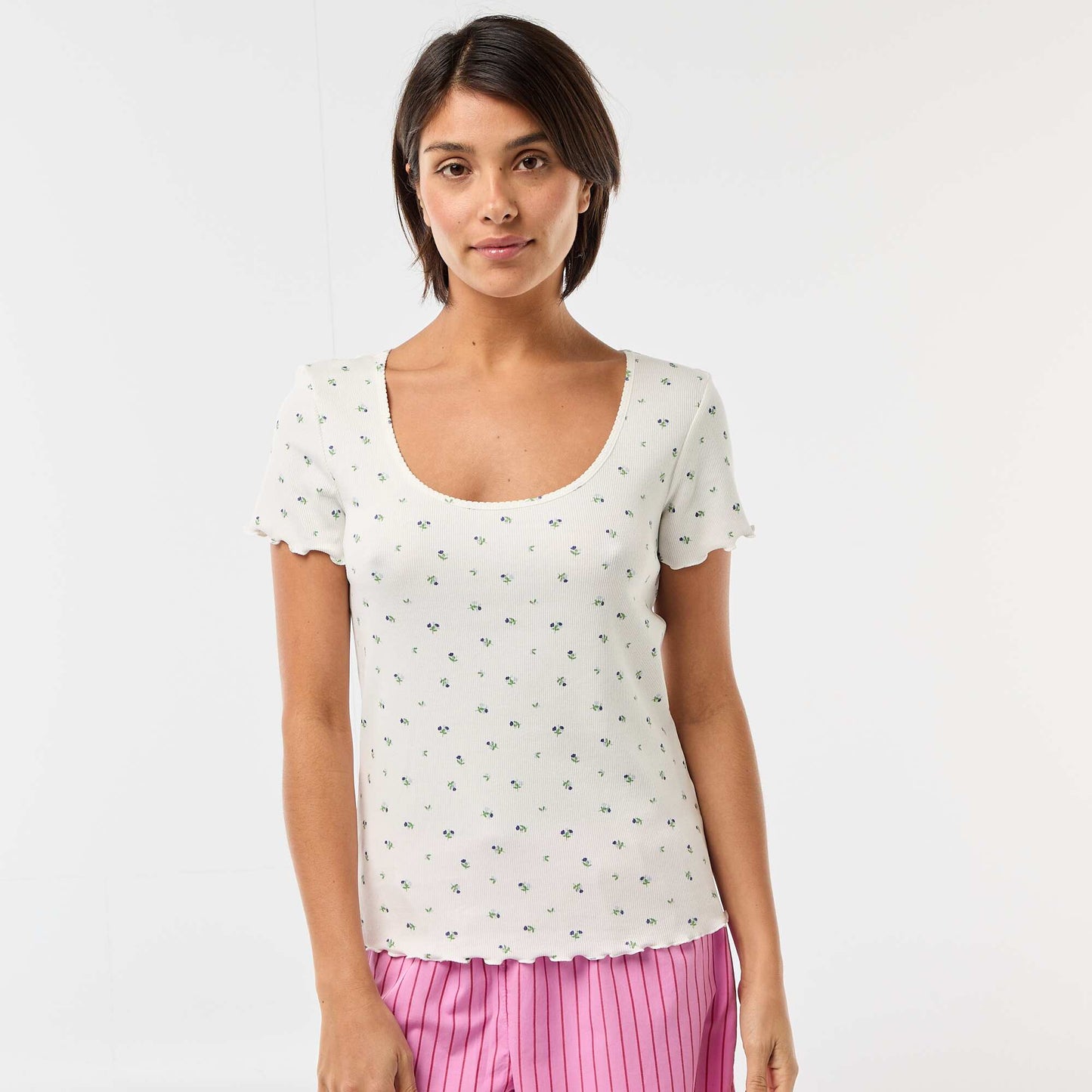 Solid Ribbed Knit Short-Sleeve T-Shirt WHITE