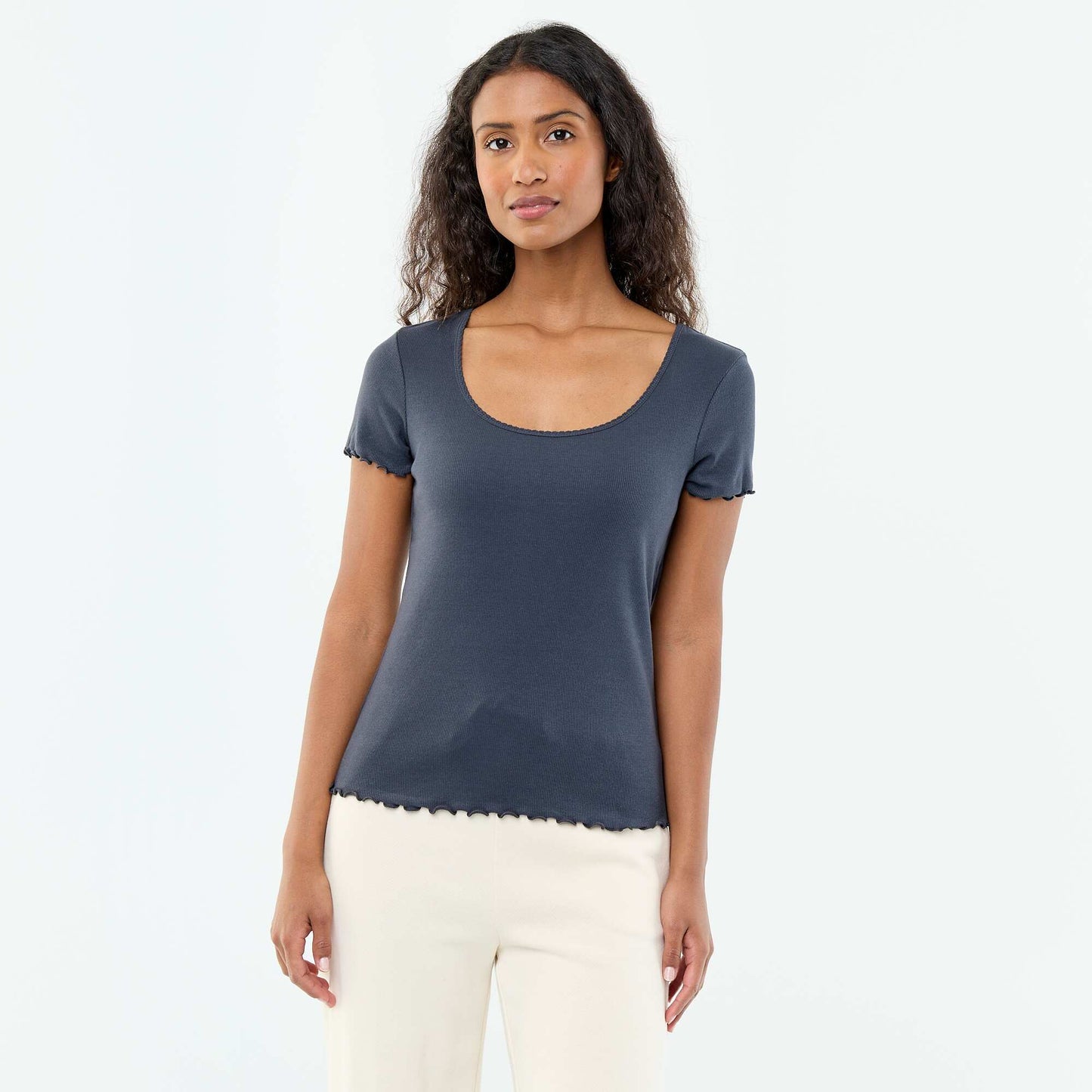 Solid Ribbed Knit Short-Sleeve T-Shirt BLUE
