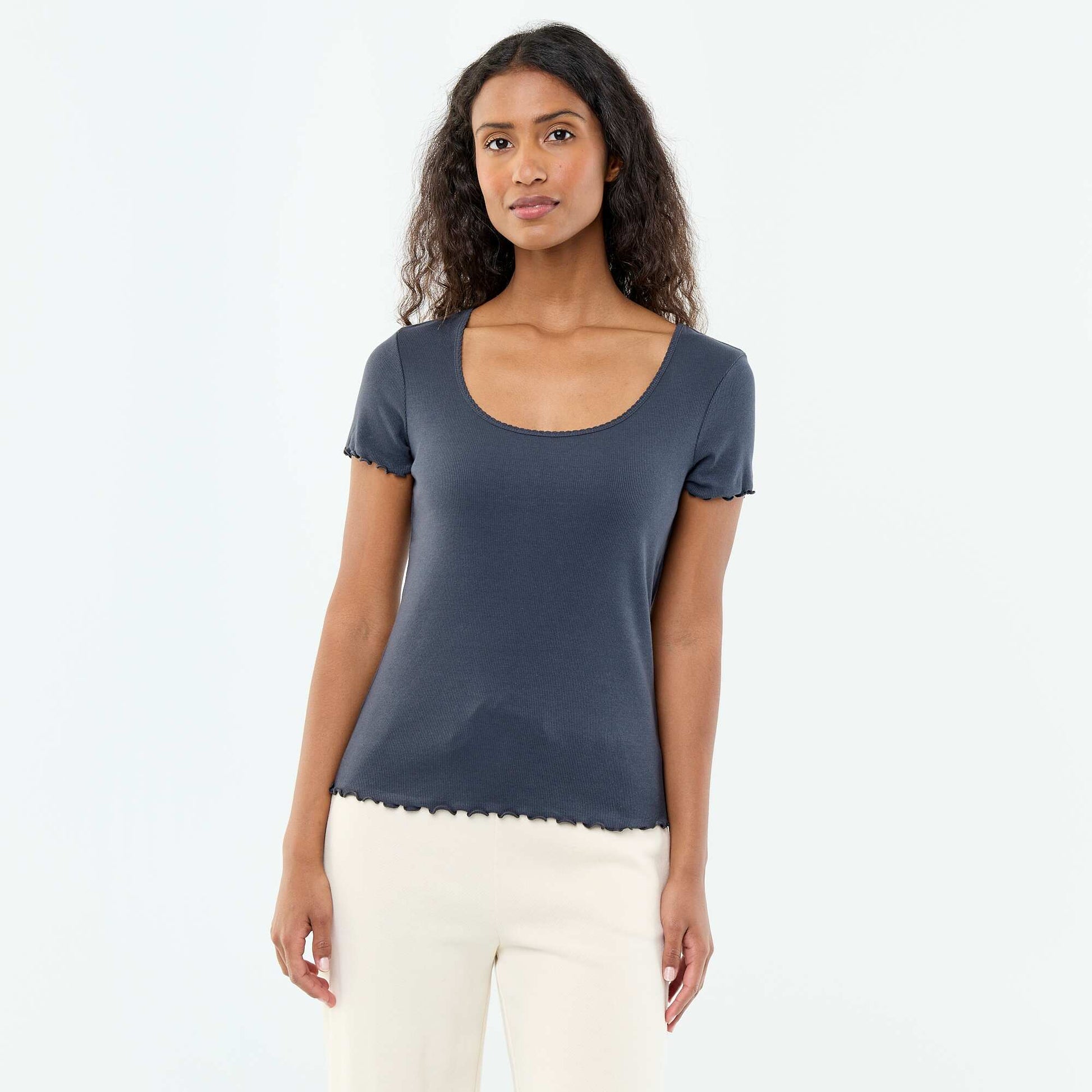 Solid Ribbed Knit Short-Sleeve T-Shirt BLUE