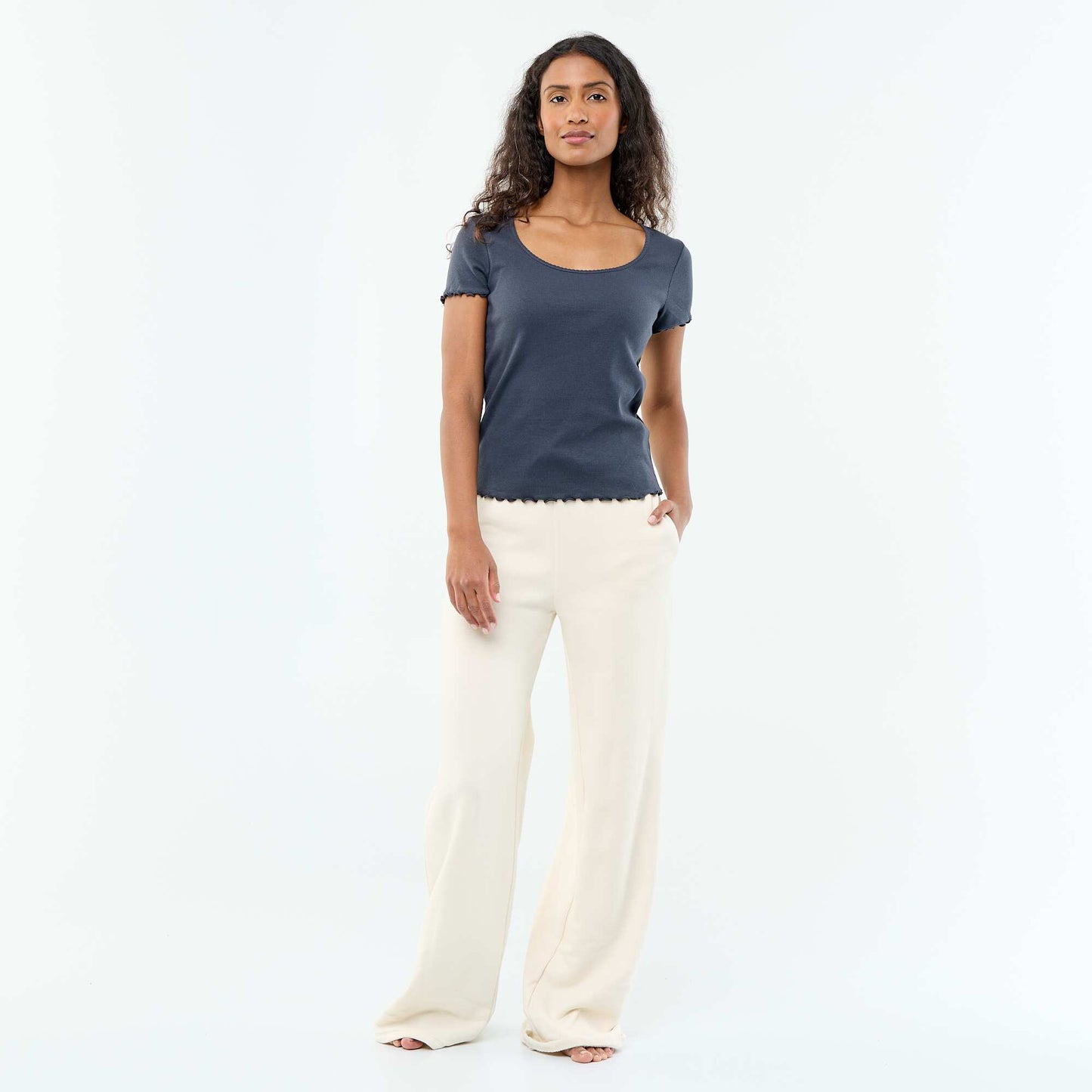Solid Ribbed Knit Short-Sleeve T-Shirt BLUE