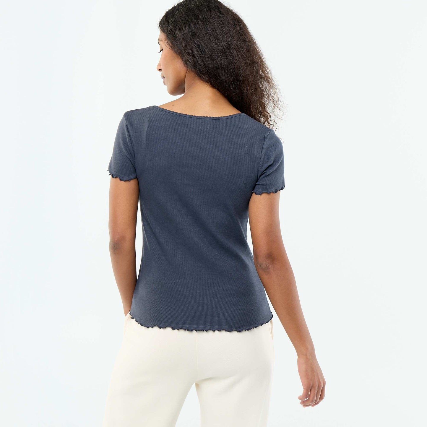 Solid Ribbed Knit Short-Sleeve T-Shirt BLUE