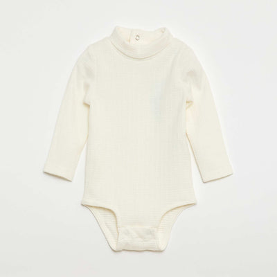 Pointelle Knit Bodysuit with High Neck WHITE