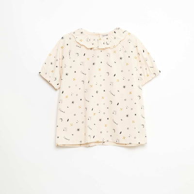 All-Over Print Cotton Ruffle Collar T-shirt BEIGE