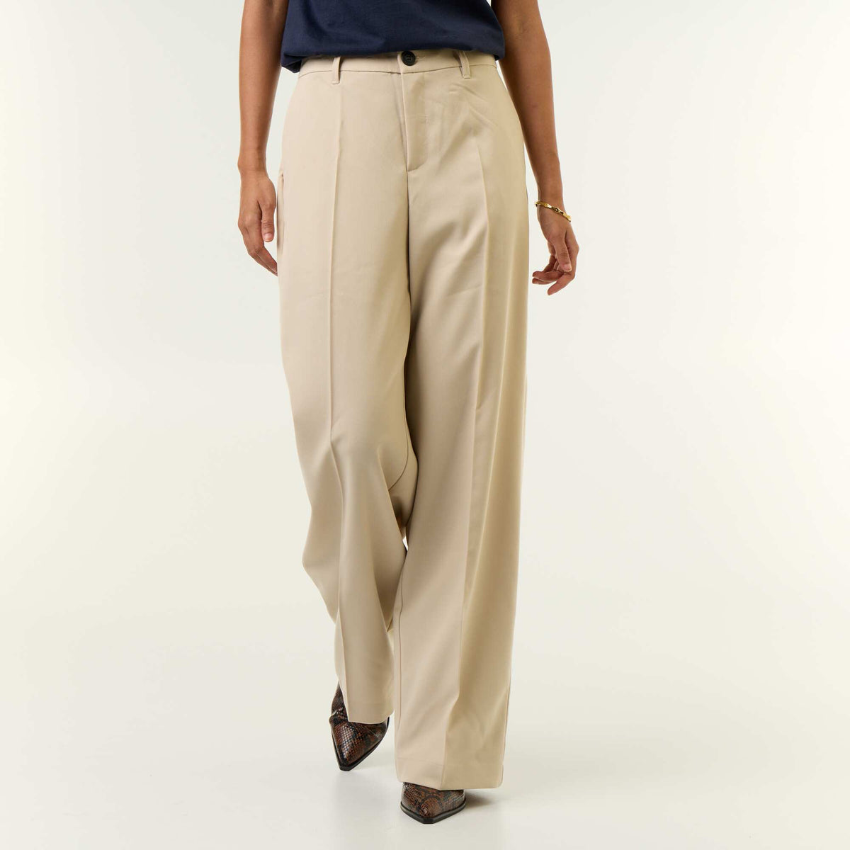 Solid Flowy Wide-Leg Trousers BEIGE