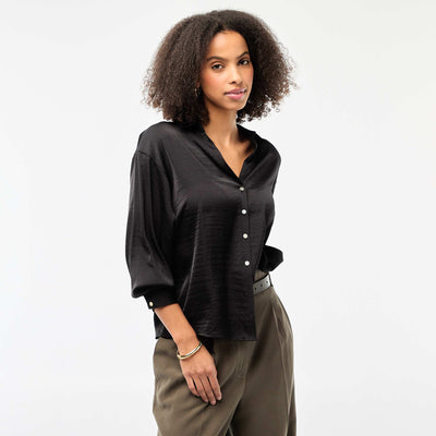 Solid Satin Long-Sleeve Blouse BLACK