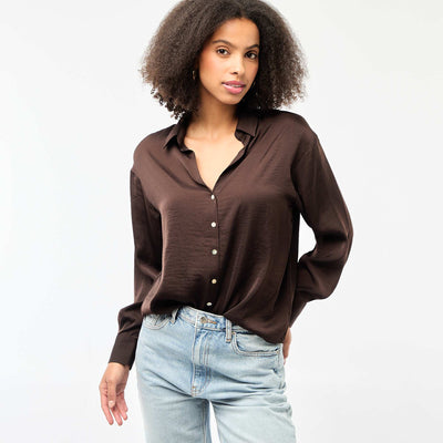 Solid Satin Long-Sleeve Blouse BROWN